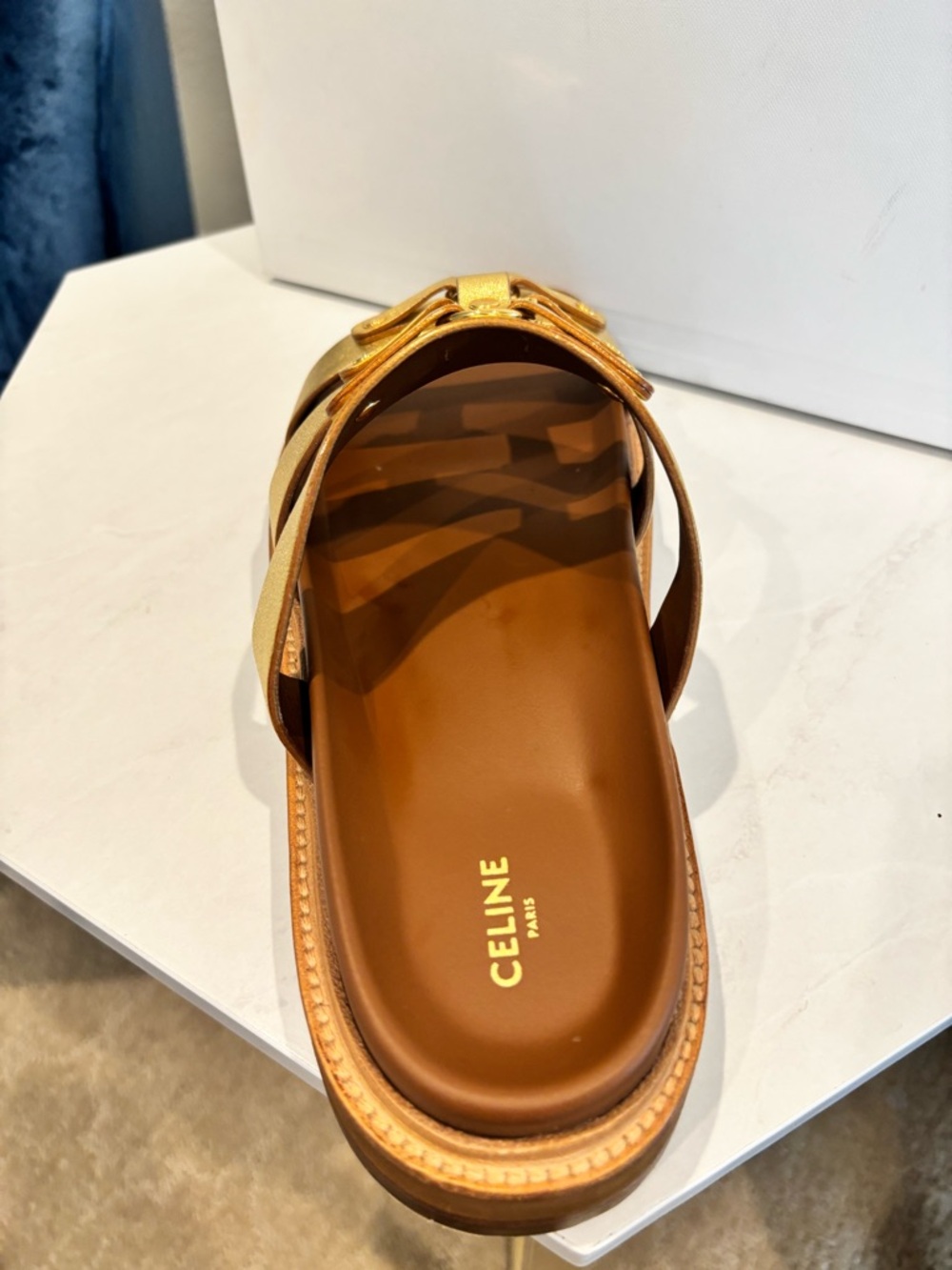 Celine Triomphe Mule 30 Metallic Gold Leather Triple-Strap Slides - Picture 10 of 14